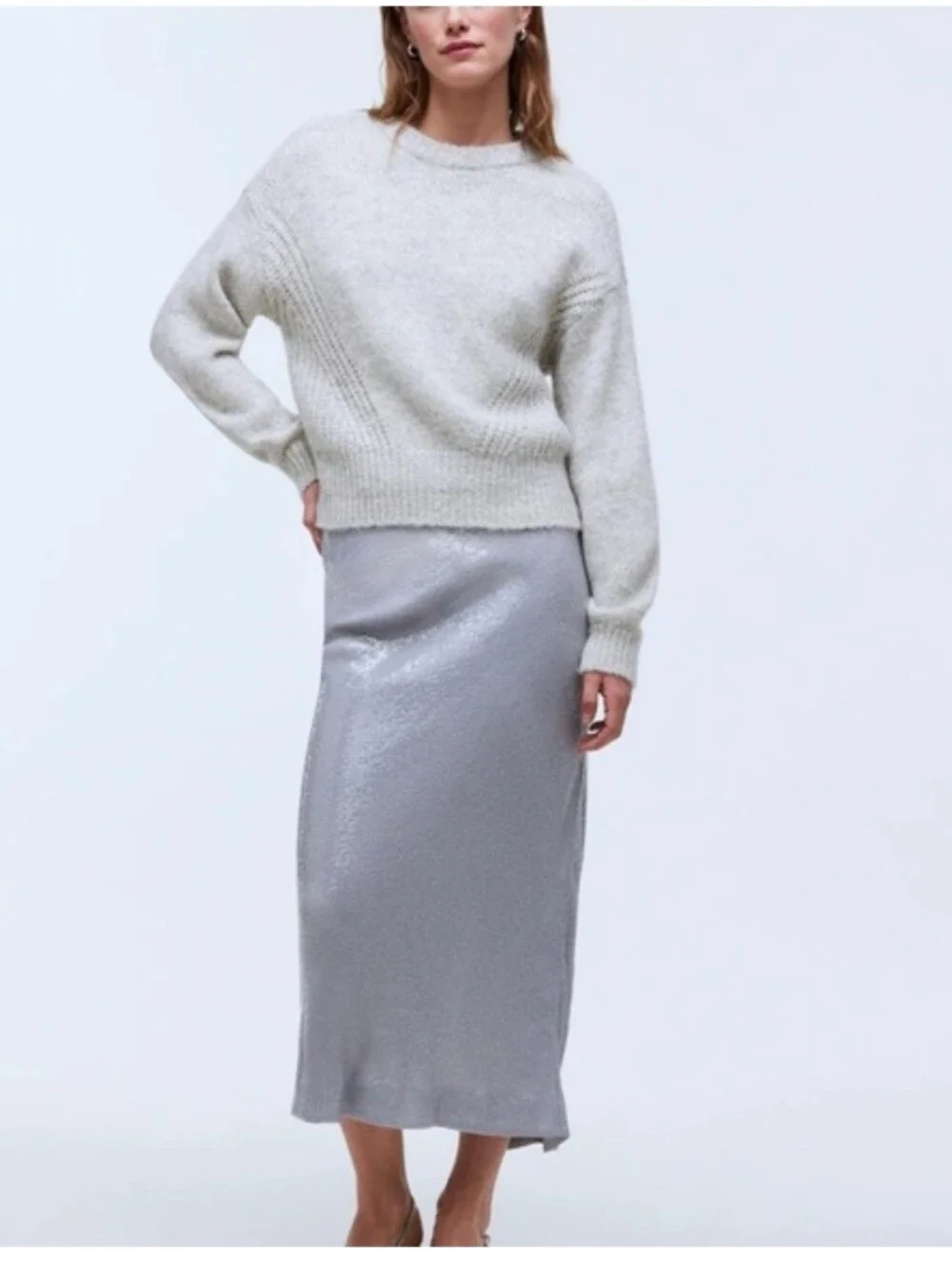 Madewell Sequin Midi Skirt Solstice Gray Silver Size 8 NWT